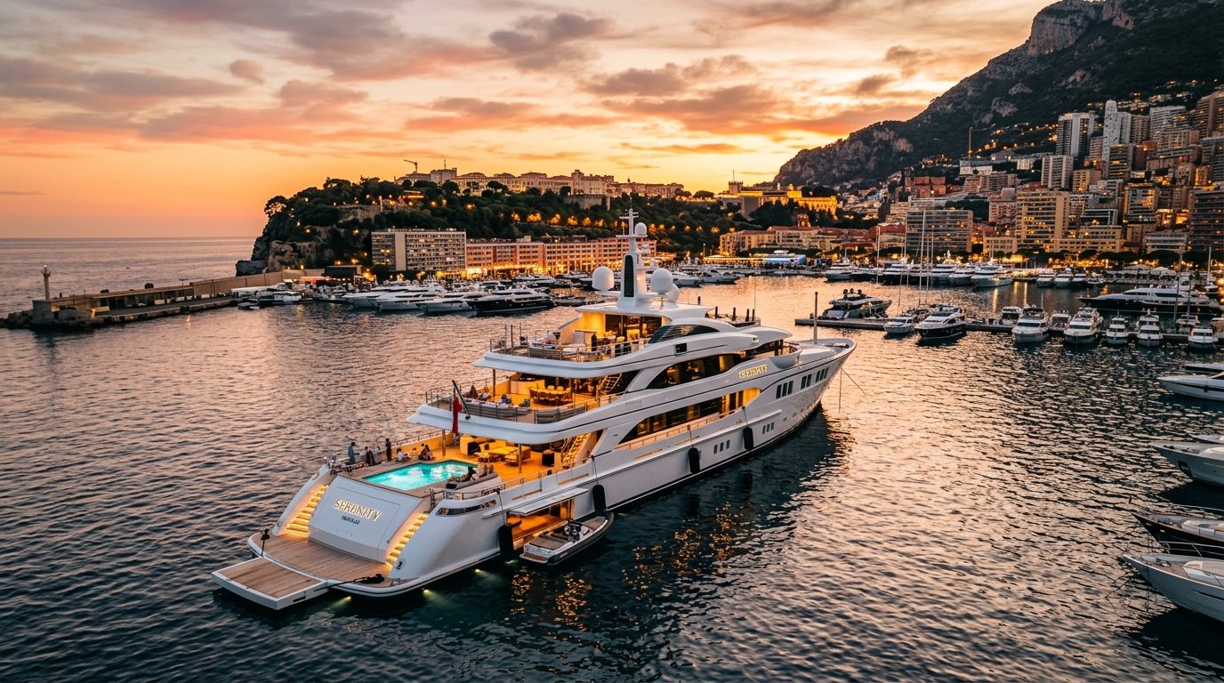 70-meter custom superyacht anchored in Port Hercule Monaco